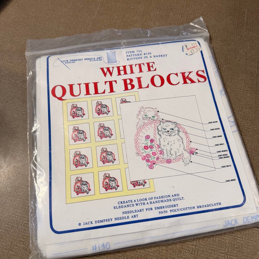 Jack Dempsey Needle Art White quilt Blocks Kittens in a basket Kit